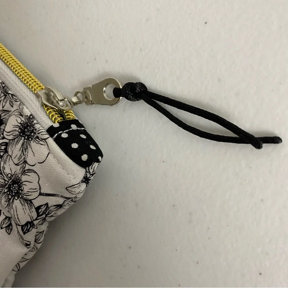 Quilted Floral‎ Zipper Pouch Black White Botanical Makeup Bag -Gift